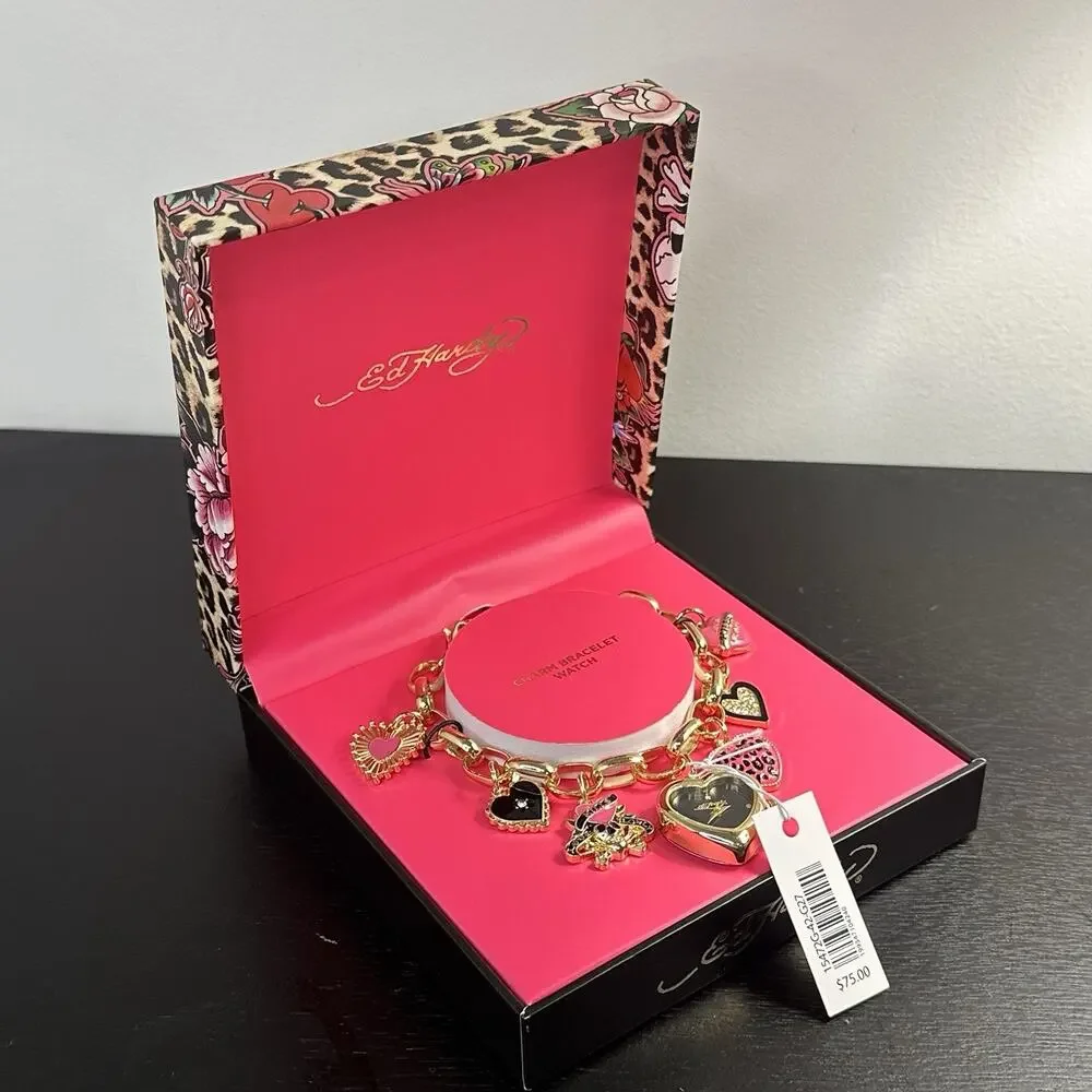 Ed Hardy NIB Gold Heart Charm Watch Bracelet Jewelry Y2K 2000s Style
